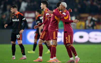 ROME, ITALY - DECEMBER 15: Wesley of AS Roma (R) celebrates with teammate Devyne Rensch after scoring his team