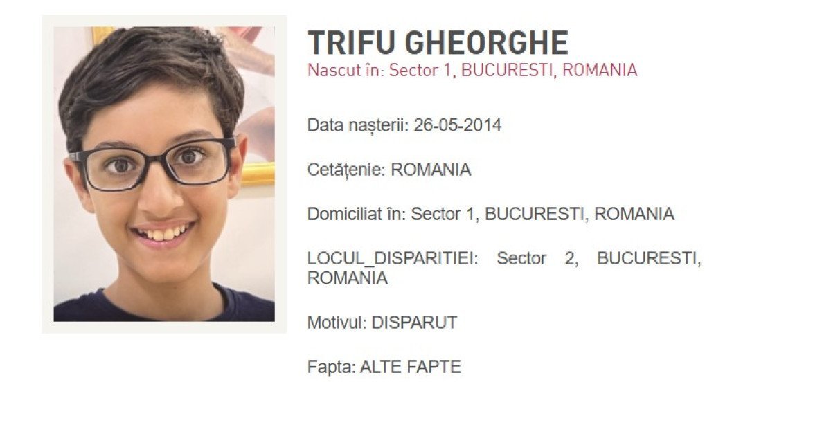 Căutări intense în București pentru un copil dispărut Poliția Capitalei a lansat alertă RO-Alert sâmbătă seara, solicitând ajutorul cetățenilor pentru găsirea unui băiat de 11 ani, dispărut în Sectorul 2 al Bucureștiului