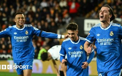 Kylian Mbappe shoots for Real Madrid against Valencia in La Liga