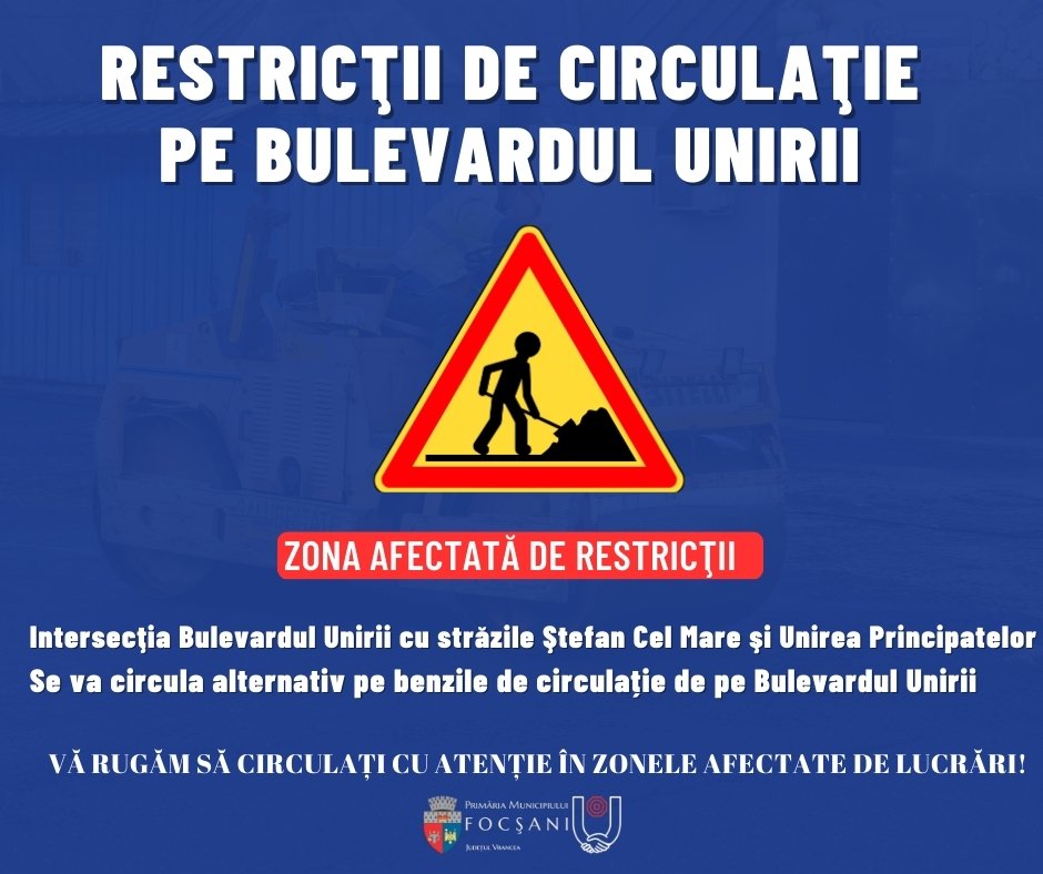 Restricții de circulație pe Bulevardul Unirii din Focșani: Încep lucrările de înlocuire a bolarzii Șoferii care circulă pe Bulevardul Unirii din Focșani vor trebui să se adapteze unor restricții de trafic, începând cu data de 2 februarie 2026