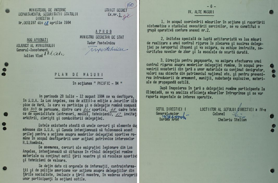Securitatea și Jocurile Olimpice: O privire în umbra „Pacific – 84” Consiliul Național pentru Studierea Arhivelor Securității (CNSAS) a dat publicității un document secret care detaliază planul de măsuri al Securității pentru supravegherea sportivilor români la Jocurile Olimpice de vară de la Los Angeles, din 1984