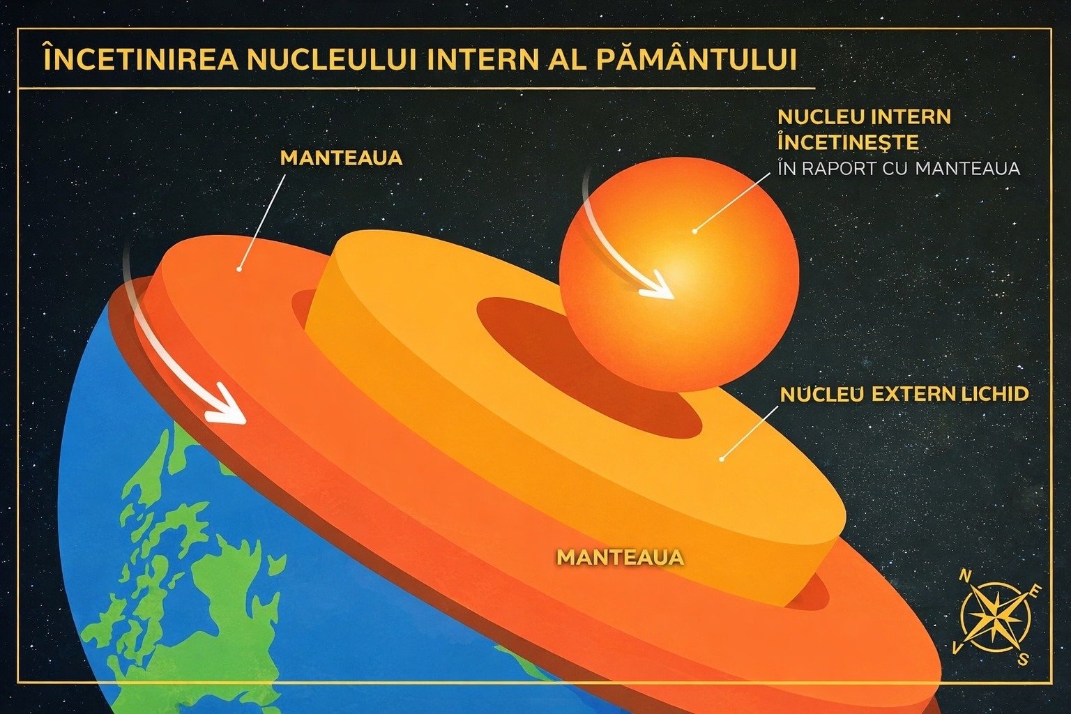 Nucleul Pământului încetinește: O mișcare subtilă cu implicații majore Oamenii de știință au descoperit că nucleul intern al Pământului, o sferă solidă aflată la mii de kilometri sub picioarele noastre, a încetinit ritmul de rotație față de restul planetei