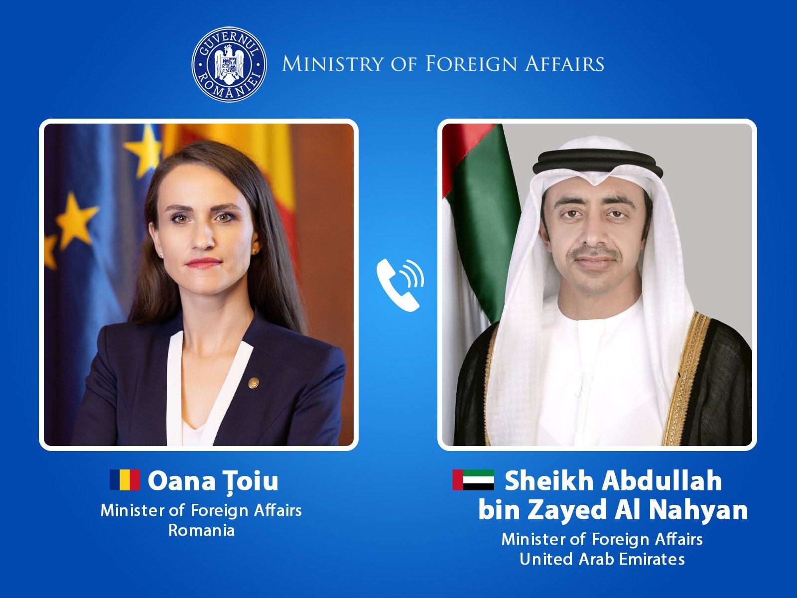 Dialog diplomatic în contextul tensiunilor din Orientul Mijlociu Ministrul român de Externe, Oana Țoiu, a discutat luni seara cu șeicul Abdullah bin Zayed Al Nahyan, ministrul de externe al Emiratelor Arabe Unite, despre situația cetățenilor români blocați în Dubai și Abu Dhabi