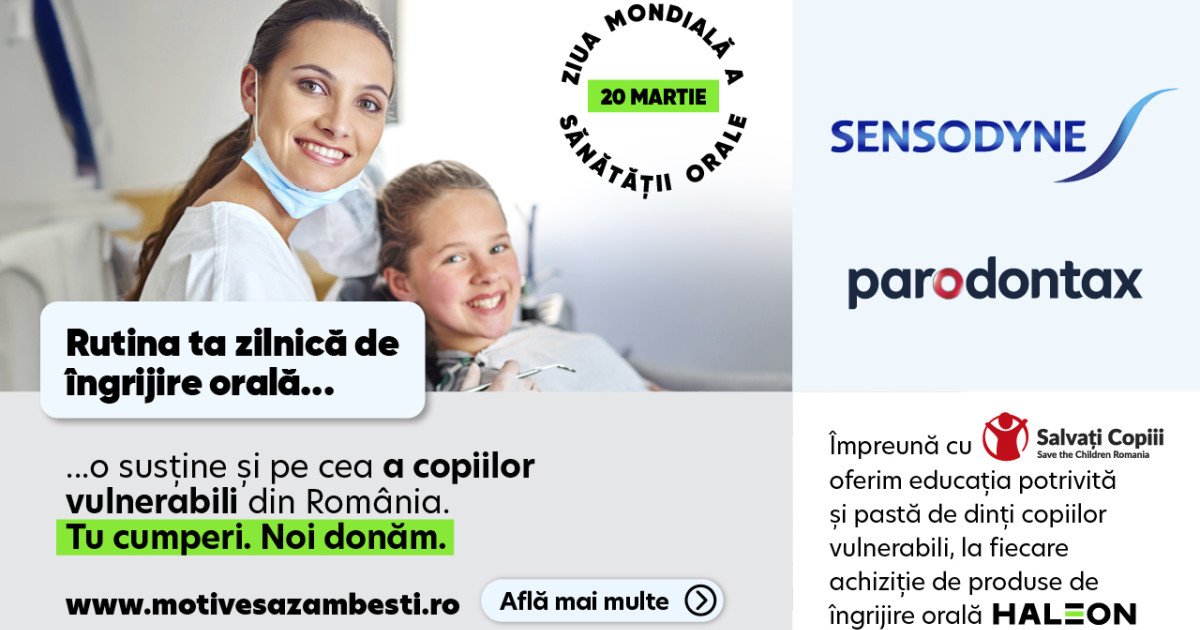 Haleon România și Salvați Copiii se aliază pentru a îmbunătăți sănătatea orală a copiilor vulnerabili Cu ocazia Zilei Mondiale a Sănătății Orale, celebrare pe 20 martie, Haleon România și organizația Salvați Copiii România lansează o inițiativă națională menită să sprijine sănătatea orală a copiilor din comunități vulnerabile