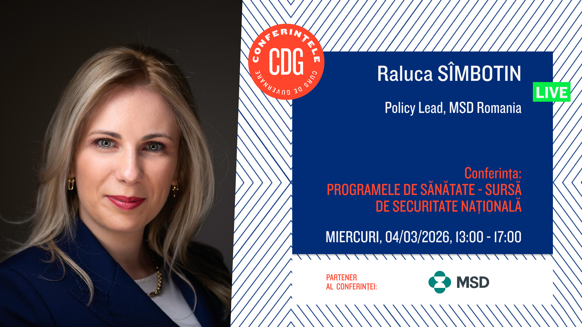 Prevenția, o investiție strategică pentru securitatea națională, susține un reprezentant MSD România Investițiile în prevenție ar trebui considerate un instrument de reducere a costurilor viitoare din sistemul de sănătate și o componentă esențială pentru reziliența națională, a afirmat Raluca Sîmbotin, Policy Lead MSD România, în cadrul unei conferințe organizate de CursdeGuvernare.ro, în parteneriat cu Comisia pentru buget și Comisia de Sănătate din Senat, pe 4 martie 2026