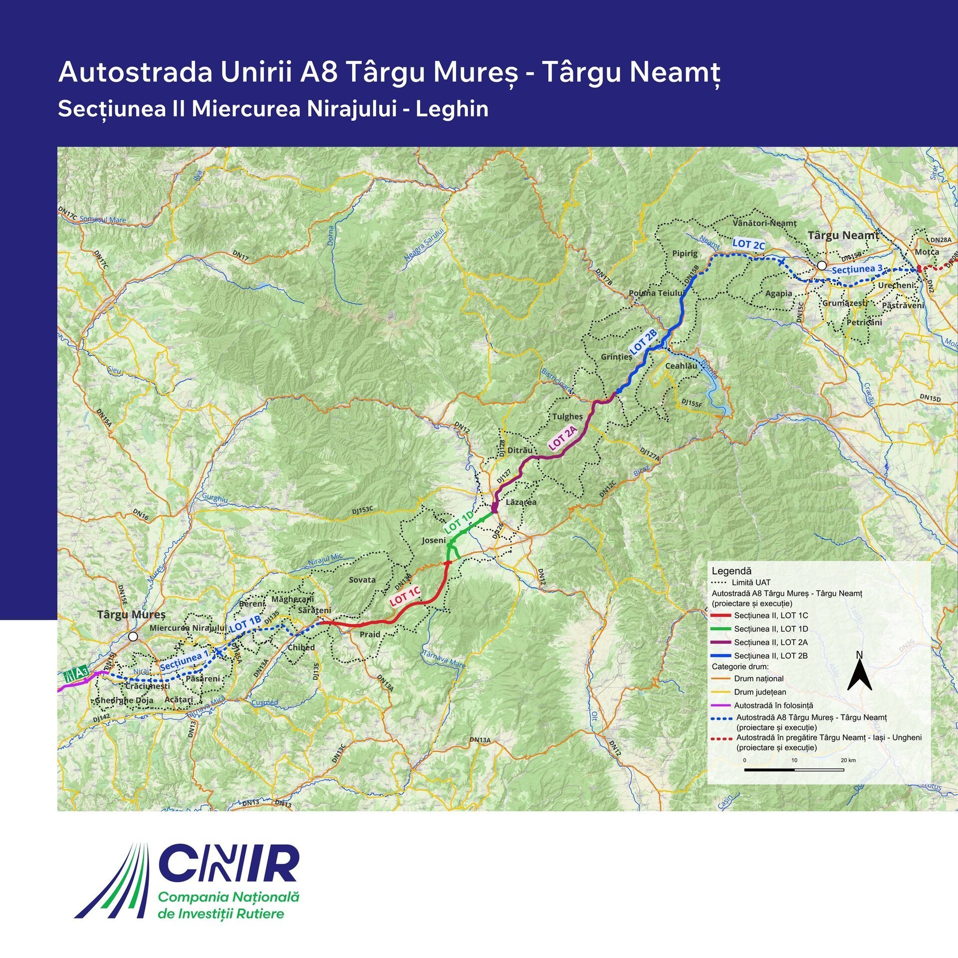 Lucrările pentru două loturi din Autostrada Unirii au demarat: CNIR a predat amplasamentele constructorilor Compania Naţională de Investiţii Rutiere (CNIR) a predat amplasamentul pentru loturile 1D Joseni-Ditrău și 2A Ditrău-Grințieș de pe Autostrada A8 Târgu Mureș-Târgu Neamț