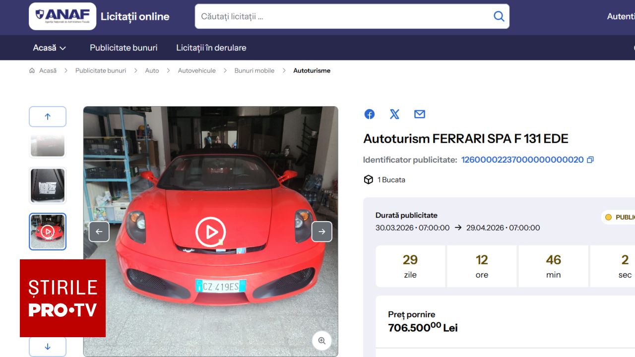 ANAF introduce licitațiile online: de la Ferrari la terenuri, accesibile de pe telefon Agenția Națională de Administrare Fiscală (ANAF) a digitalizat complet procesul de licitații, oferind acum posibilitatea de a cumpăra bunuri confiscate sau executate silit direct de pe telefon sau calculator