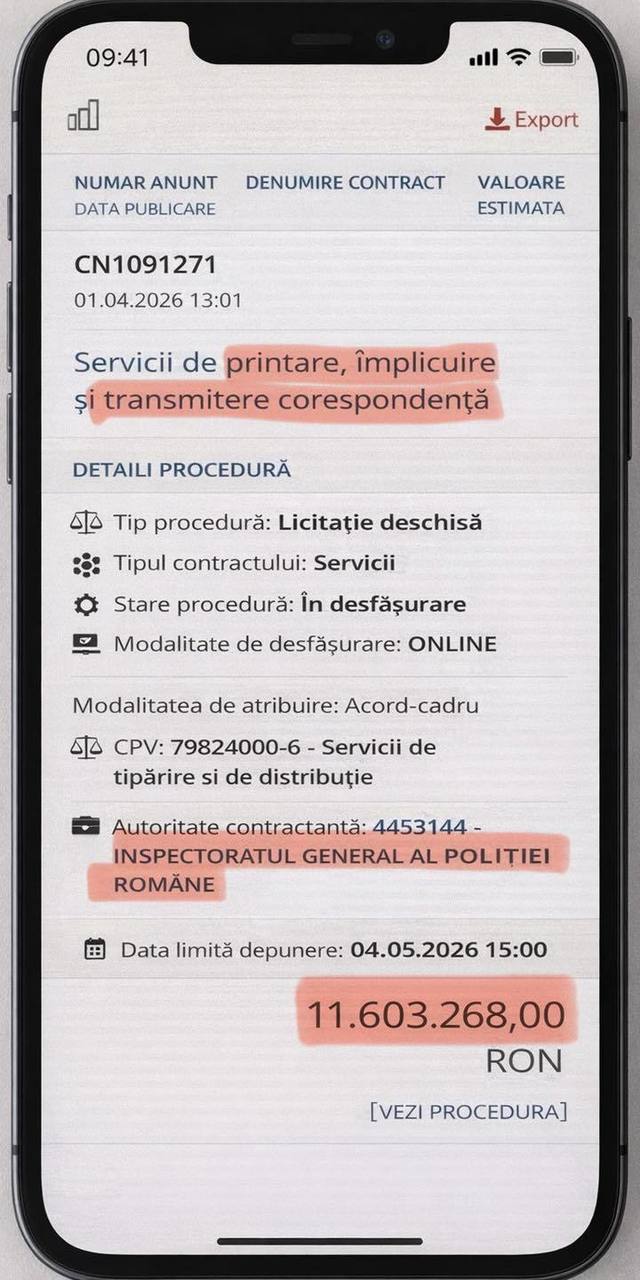 Poliția Română lansează o licitație de 2,2 milioane de euro pentru printare și expediere de corespondență, potrivit Sindicatului Europol