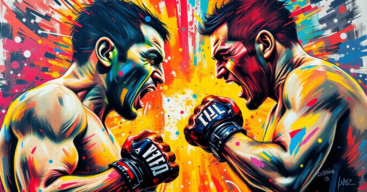 An abstract, expressionist painting in vibrant neon colors, capturing the raw energy and tension of a confrontation between two UFC fighters. The figures are dissolved into unrecognizable splatters, with only the essence of the moment conveyed through the explosive brushstrokes and clashing hues.
