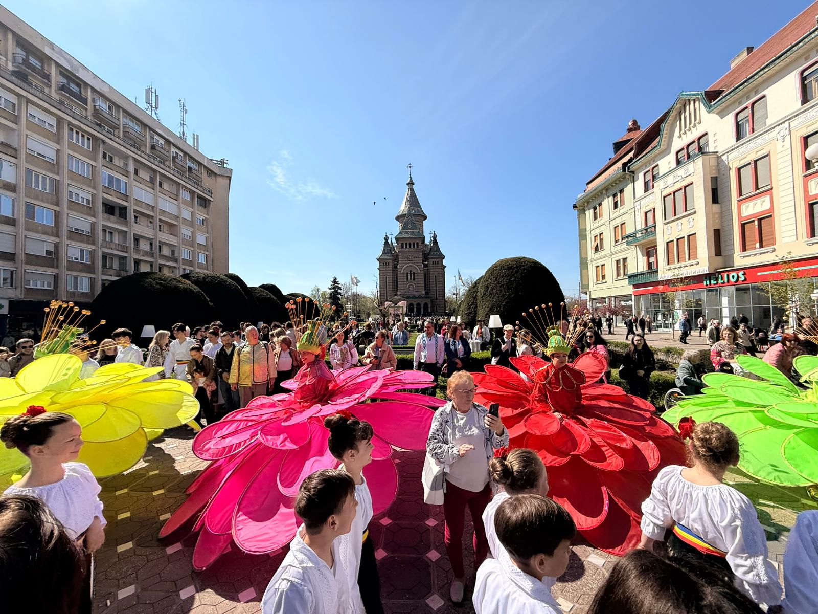 Timișoara se transformă într-o grădină suspendată de Florii: Artiști italieni și flori multicolore în centrul orașului Timișoara – Străzile din centrul municipiului Timișoara s-au umplut astăzi de flori, culoare și spectacol