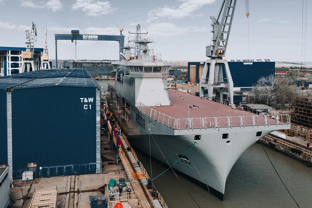 O navă multifuncțională inovatoare, destinată Forțelor Navale Portugheze, a fost lansată marți, 7 aprilie, la șantierul naval Damen din Galați