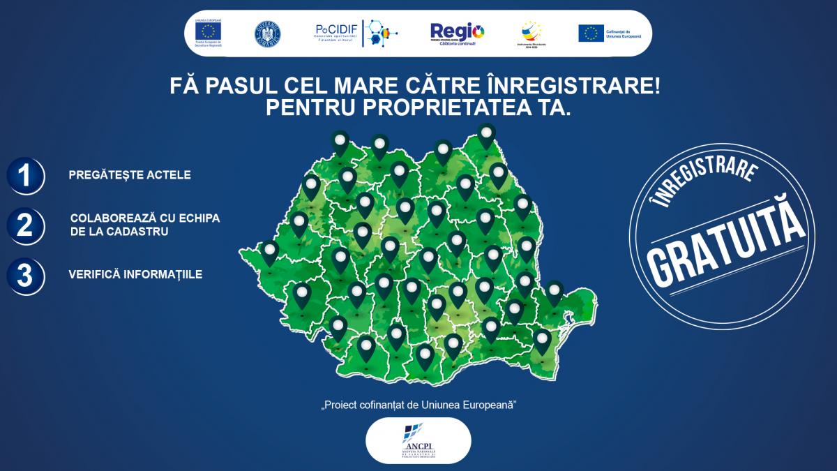 Agenția Națională de Cadastru și Publicitate Imobiliară (ANCPI) continuă înregistrarea gratuită a proprietăților în zonele rurale ale României, prin intermediul unui proiect finanțat de Uniunea Europeană