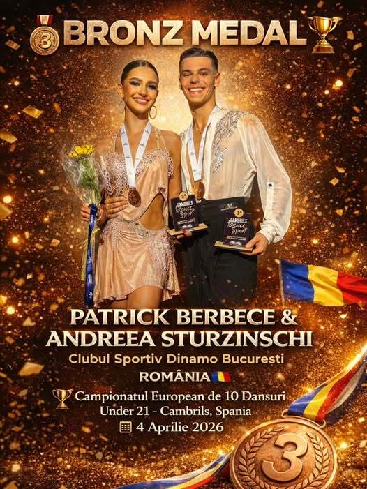Bronz pentru România la Campionatul European de Dansuri Under 21 Perechea de dansatori sportivi români, PATRICK BERBECE și ANDREEA STURZINSCHI, a urcat pe podiumul Campionatului European de 10 Dansuri Under 21, obținând medalia de bronz