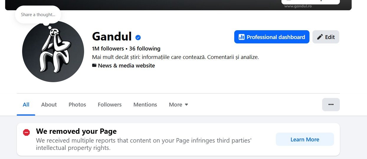 Facebook închide pagina unei publicații cu peste un milion de urmăritori Platforma de socializare Facebook a suspendat pagina unei publicații online din România pe data de 22 februarie 2026