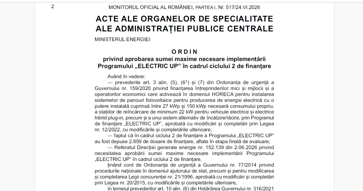 Electric-Up: 596 milioane lei pentru firme. Bugetul a fost alocat