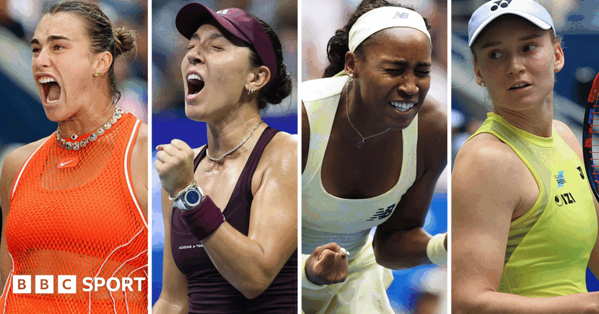 Split image of Aryna Sabalenka, Jessica Pegula, Coco Gauff, Elena Rybakina